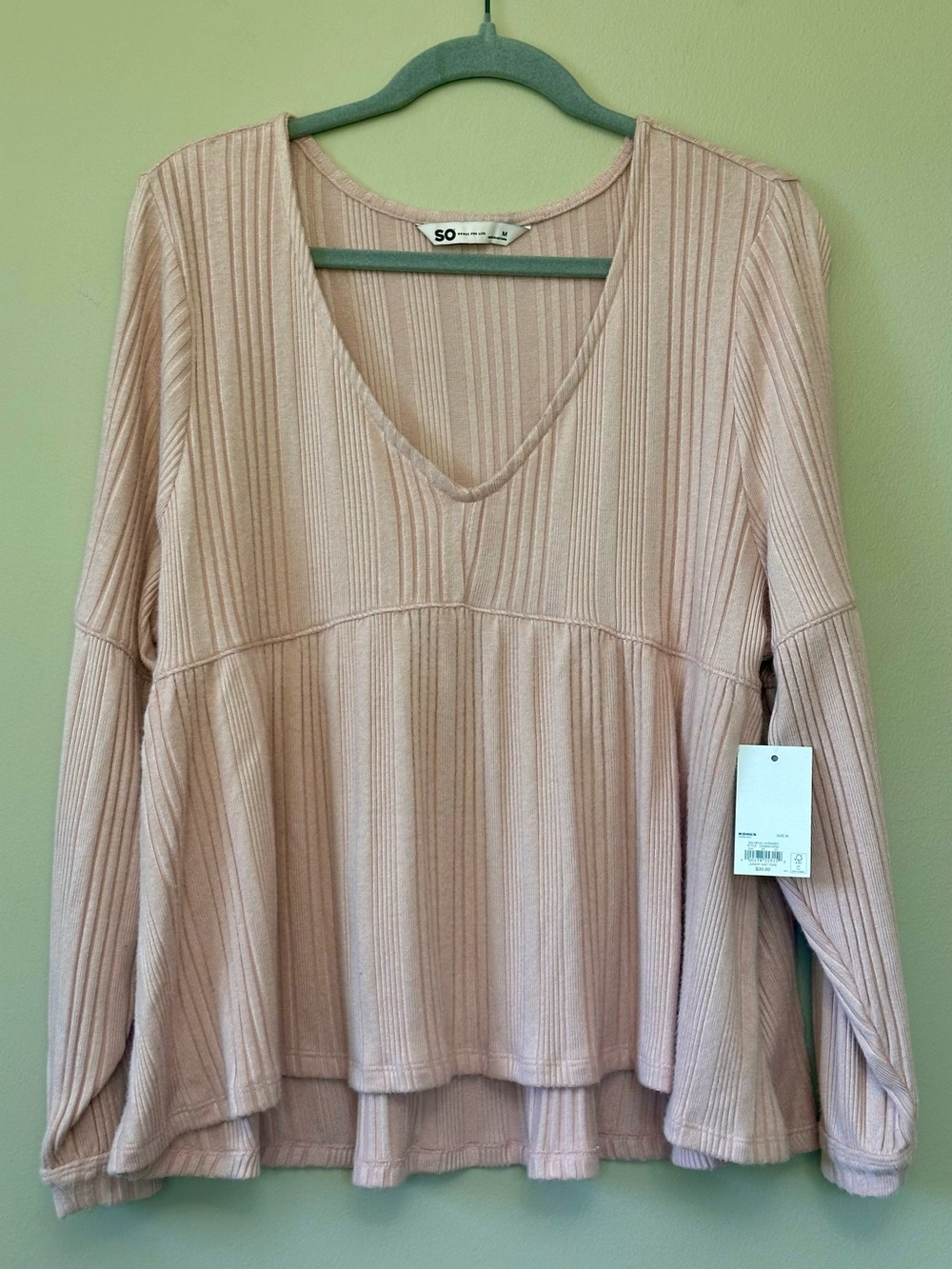 Kohl’s SO® Women's Blush Pink Ribbed V-Neck Long Sleeve Top Peplum NWT